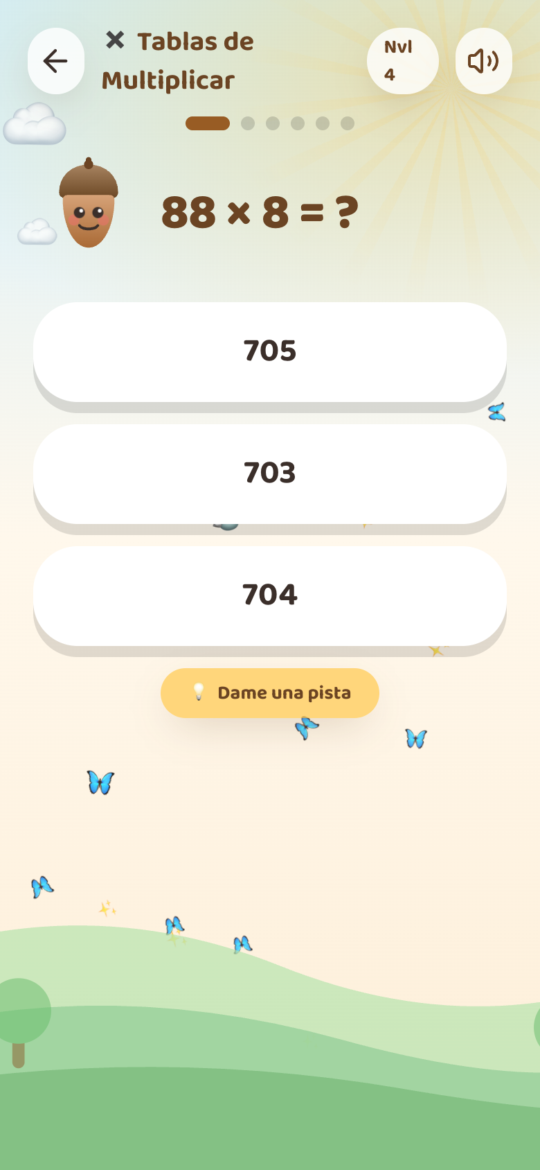 Una pregunta de multiplicación de AcornSmarts con el amigable guía bellota y un teclado numérico