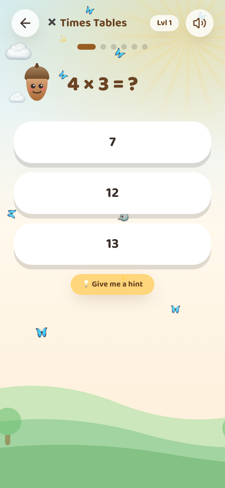 An AcornSmarts Times Tables question with tap-to-answer choices and the friendly acorn guide