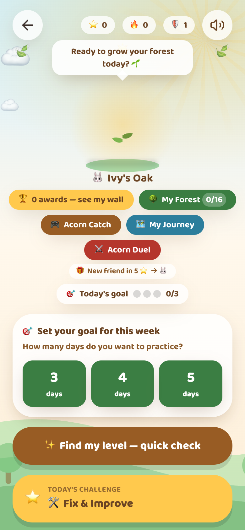 AcornSmarts student home — a growing oak, acorns, a weekly goal, and forest friends