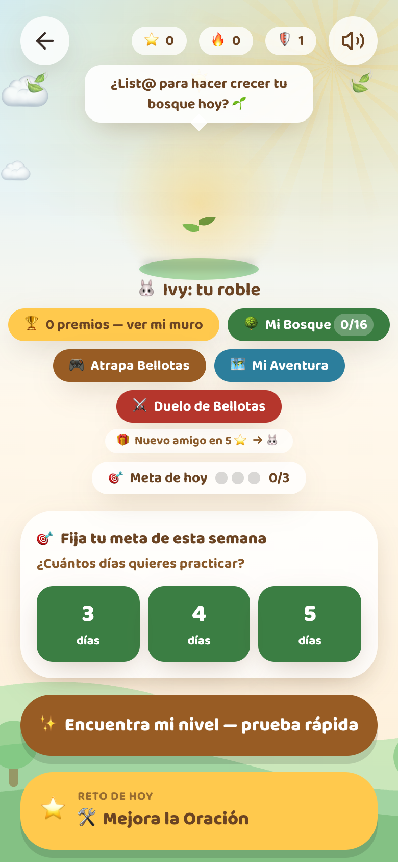 Pantalla de inicio de AcornSmarts — un roble que crece, bellotas, una meta semanal y amigos del bosque
